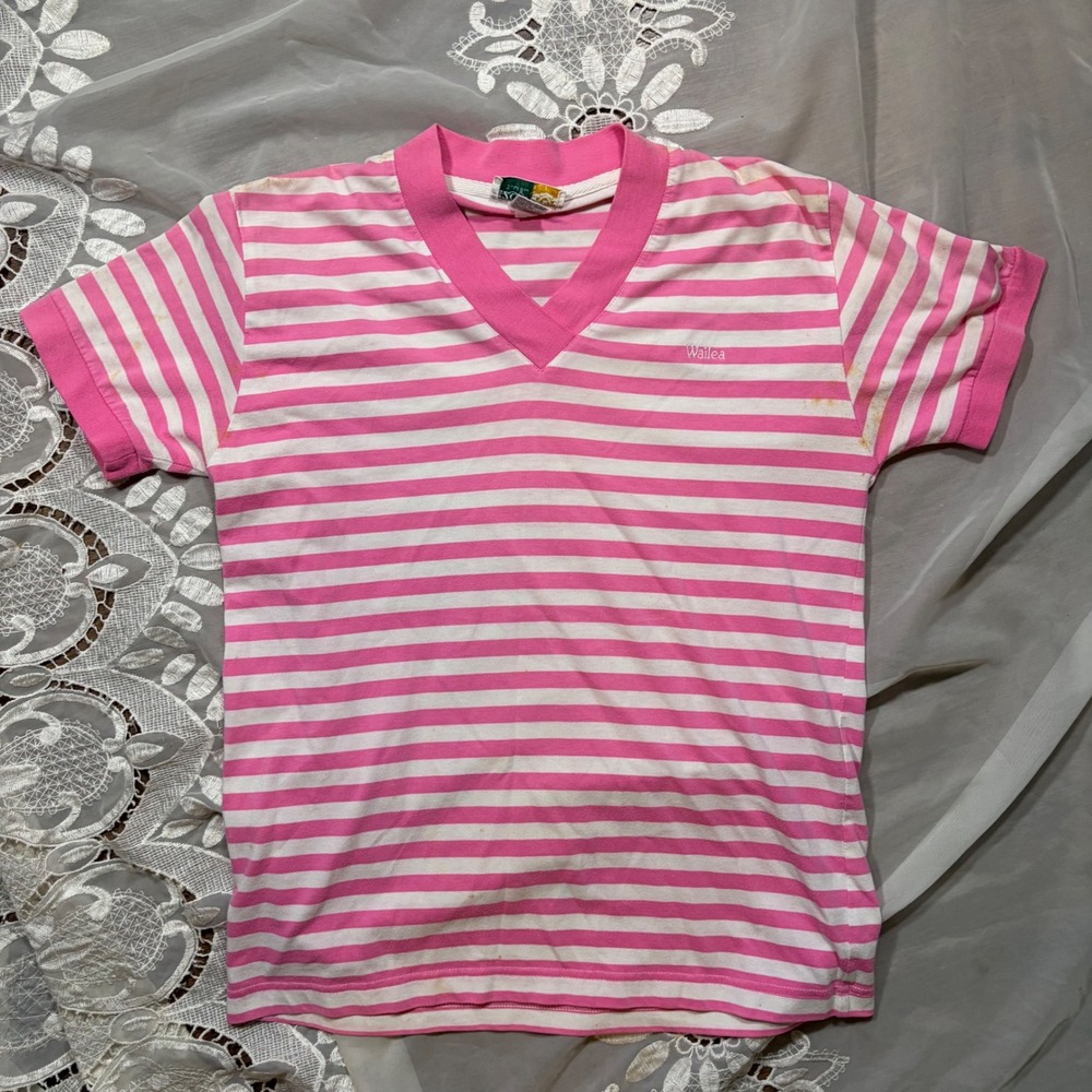 Izod Club Vintage Pink White Striped V-Neck T-Shirt Wailea Logo Ladies Small